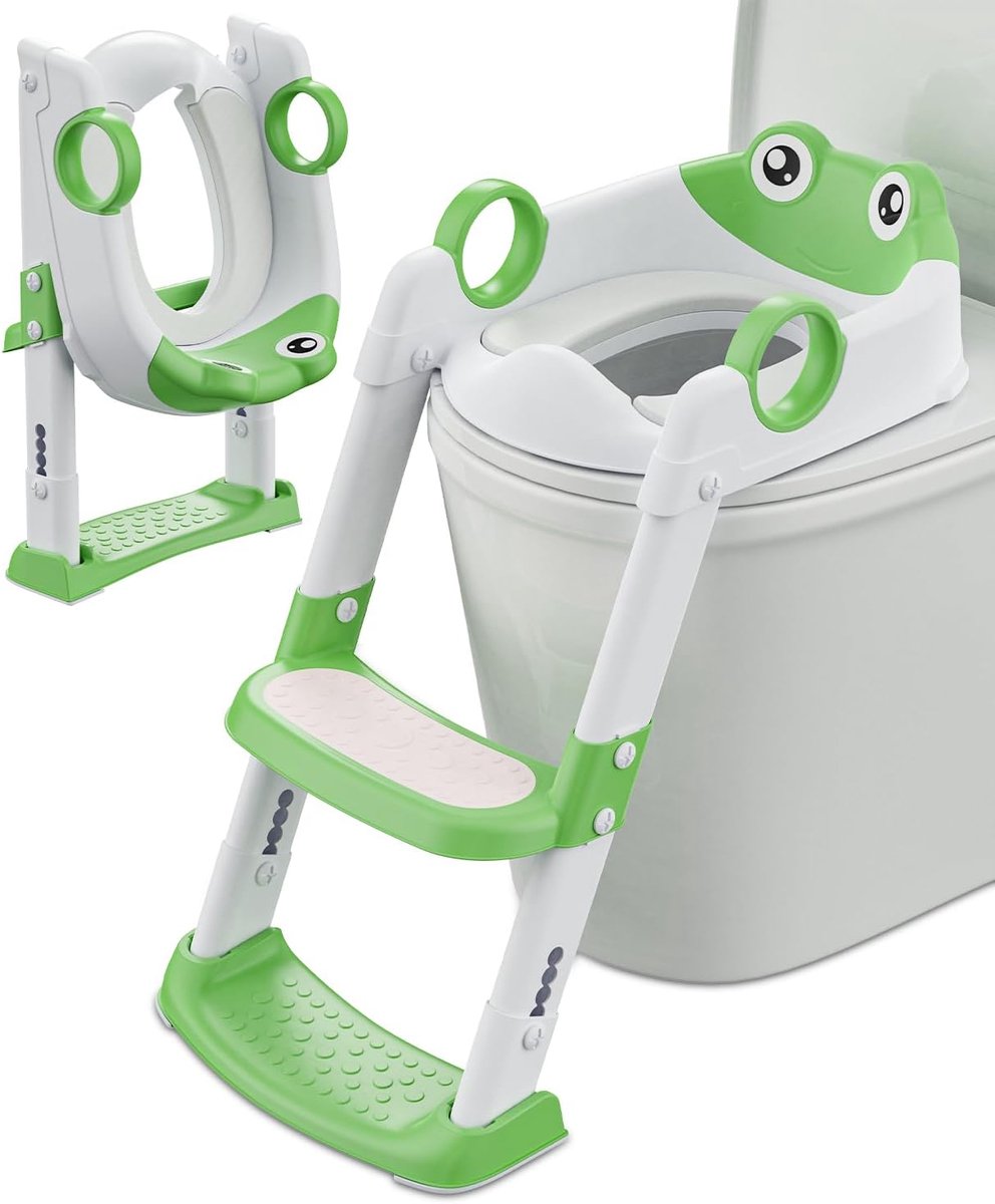 SnelShoppen - Kindertoiletzitje met Trap, Hoogte Verstelbaar en Vouwbare Voetplaat, Spatwaterdicht en Antislip (Groen/Wit) voor Jongens en Meisjes