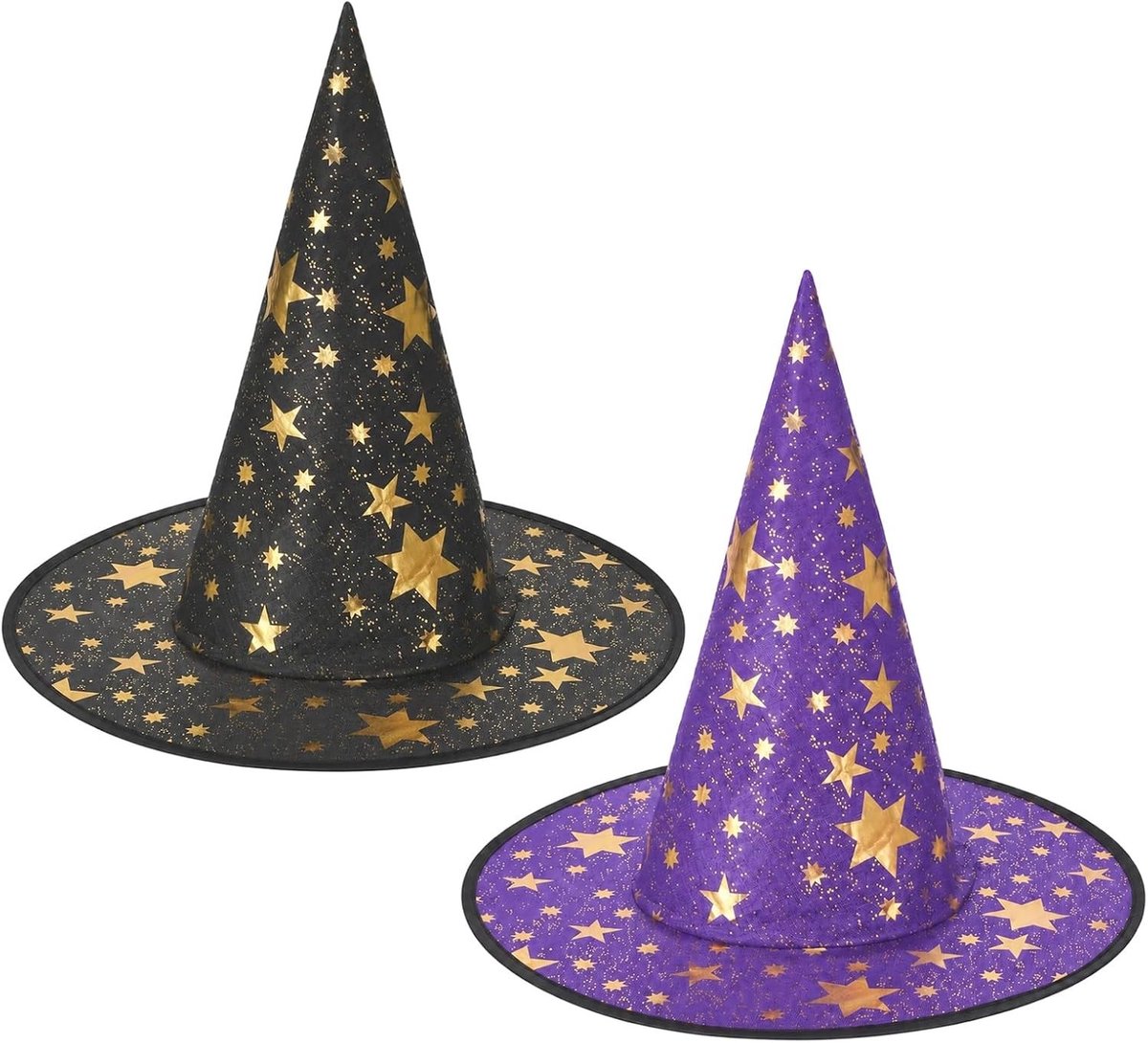 Set van 2 heksenhoeden voor Halloween, zwarte en paarse hoed voor vrouwen, kostuumaccessoires voor feesten en decoratie