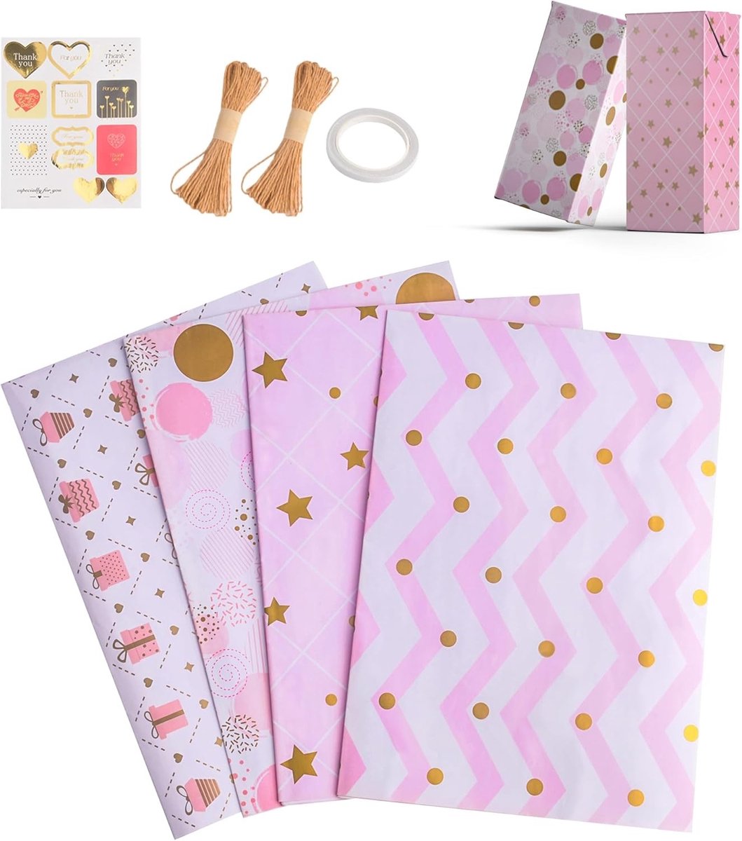 Hoogglans Inpakpapier Set - Zacht Roze 50x70 cm, Perfect voor Verjaardagen, Bruiloften en Feestdagen | Inclusief Koord, Stickers en Plakband voor Makkelijk Inpakken