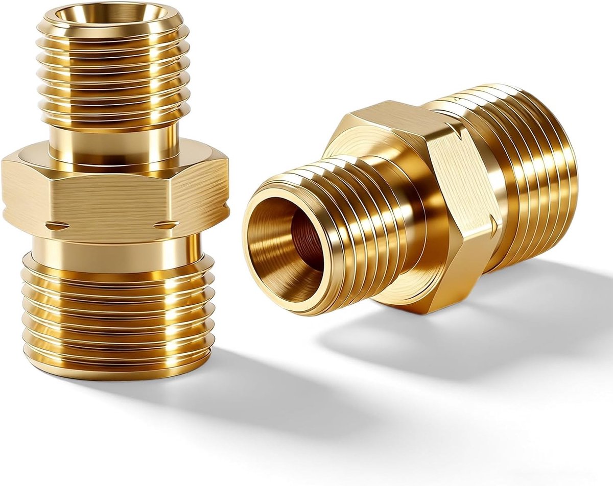 Gas Slangverbinder, Dubbele Nippel, 2 Stuks AG 1/4 Inch Links x AG 3/8 Inch Rechts, Messing Koppeling voor Propaan en Acetyleen, Geschikt voor Gasinstallaties en Slangen
