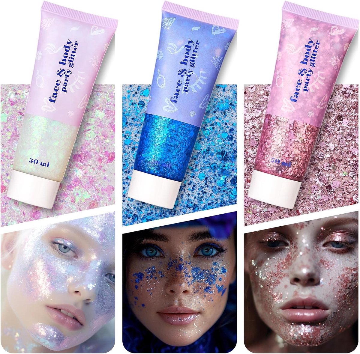 Set van 3 Stuks Glitter Gel voor Lichaam en Gezicht - Festival Make-up met 5 Kwasten in Wit, Blauw en Roze - Perfect voor Feestjes en Evenementen