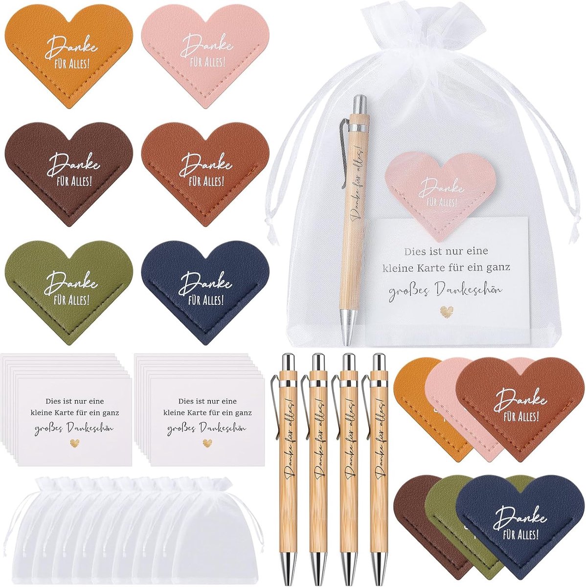 SnelShoppen - 24-delige Bedankset Hartvormige Lederen Boekenleggers, Houten Balpen, Bedankkaartjes, Organza Tassen - Perfect voor Collega's, Leraren e