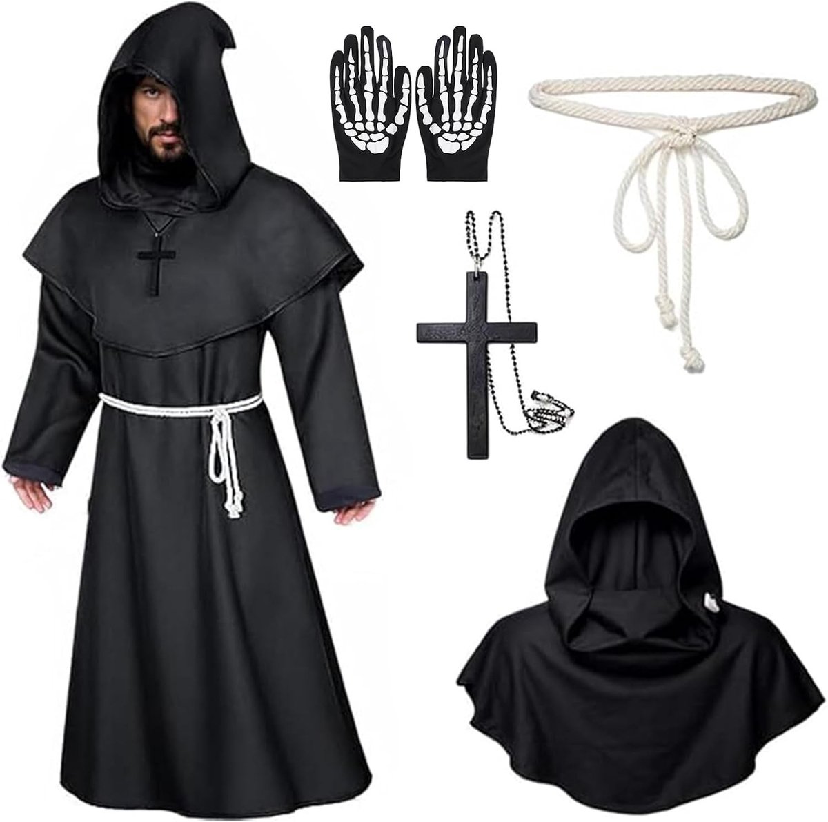 Volwassen Monnik Kostuum met Kap, Ideaal voor Halloween, Carnaval en Rollenspellen, Inclusief Robe en Accessoires