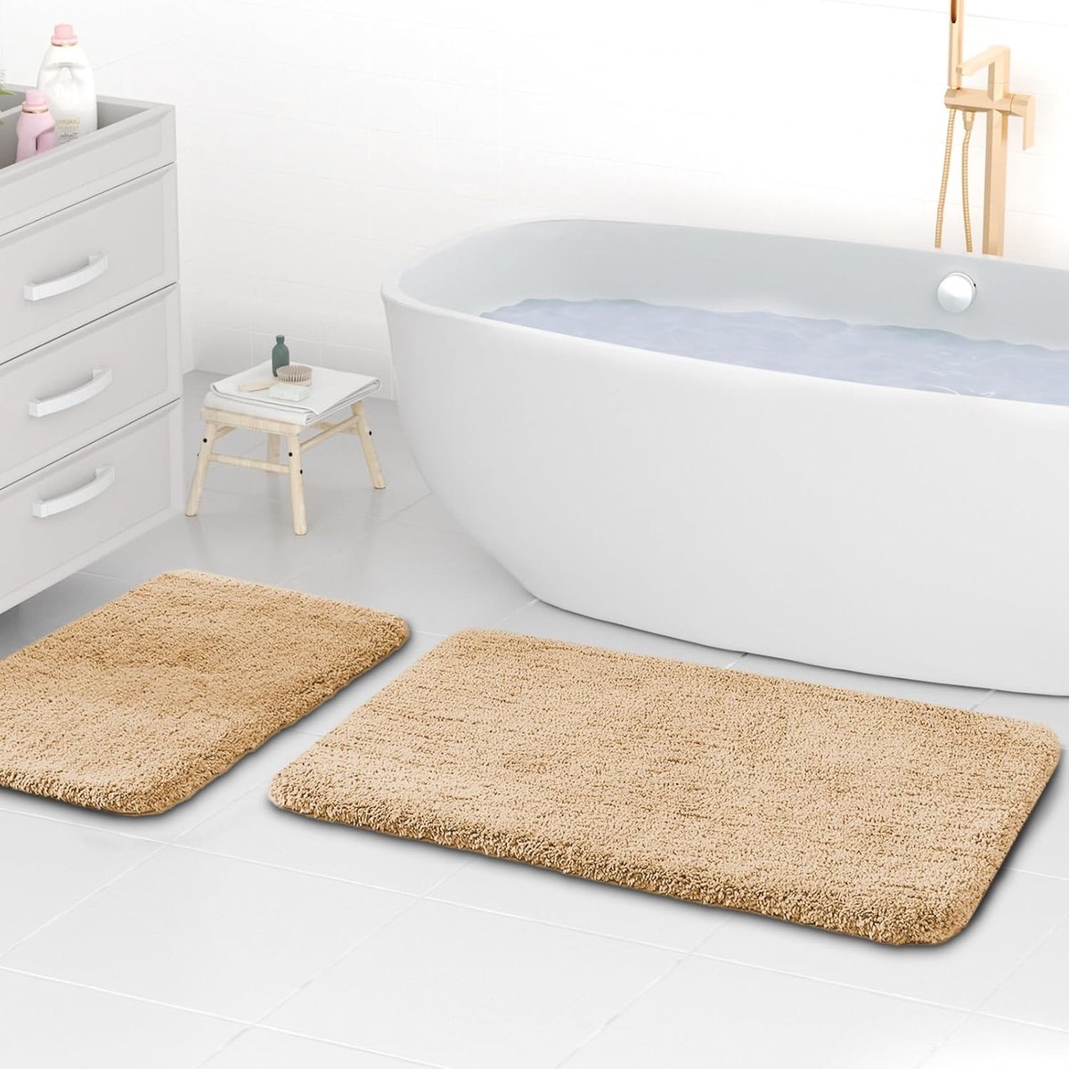 SnelShoppen - Luxe Microfibre Badmat 2 cm Dikte, Super Absorberend, 50x80 cm en 40x60 cm, Camel, Voor Badkamer en Douche