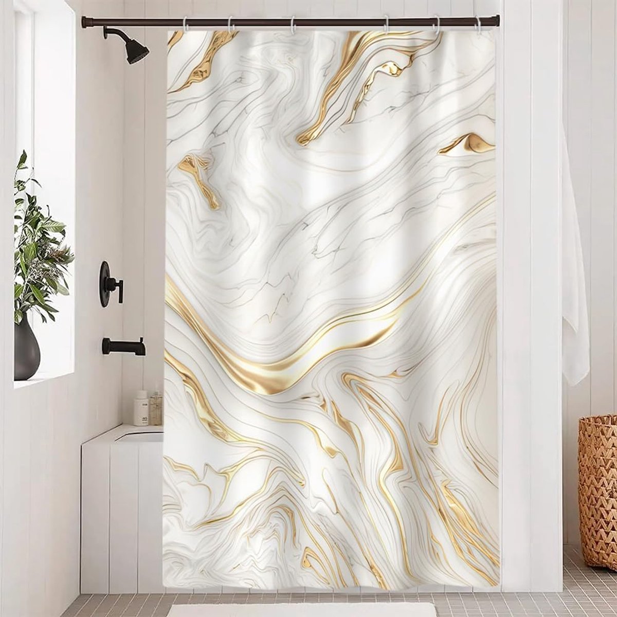 SnelShoppen - Anti-Mould Douchegordijn 120x200 cm Wit Goud Marmer Effect Grijs Waterdicht Polyester Wasbaar Met 8 Haakjes Voor Badkamer
