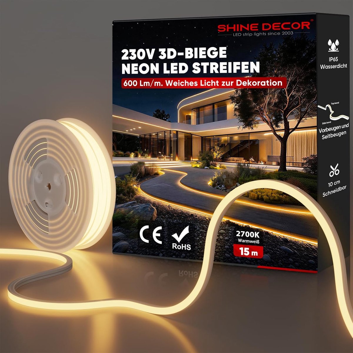 SnelShoppen - 3D Bend Neon LED Strip 15m Warm Wit - Flexibele Neon Lichtstrip AC 220V-240V - Waterdicht IP65 Siliconen voor Keuken, Woonkamer en Feest