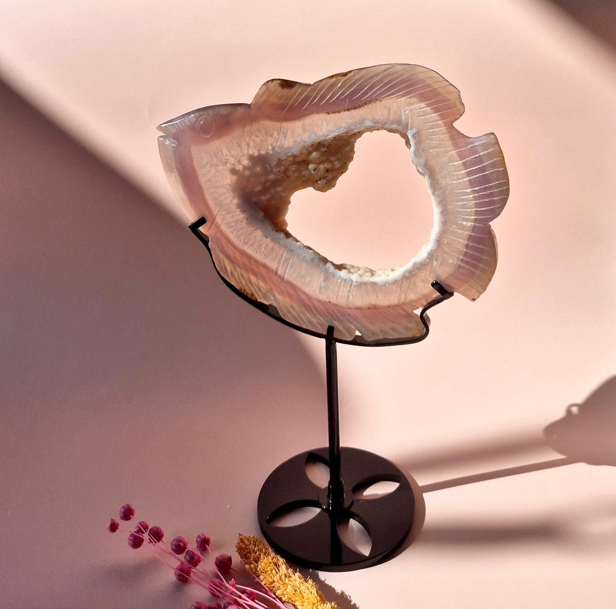 One-of-a-Kind Druzy Agate Fish Carving on Metal Stand - 17x14cm 311 grams