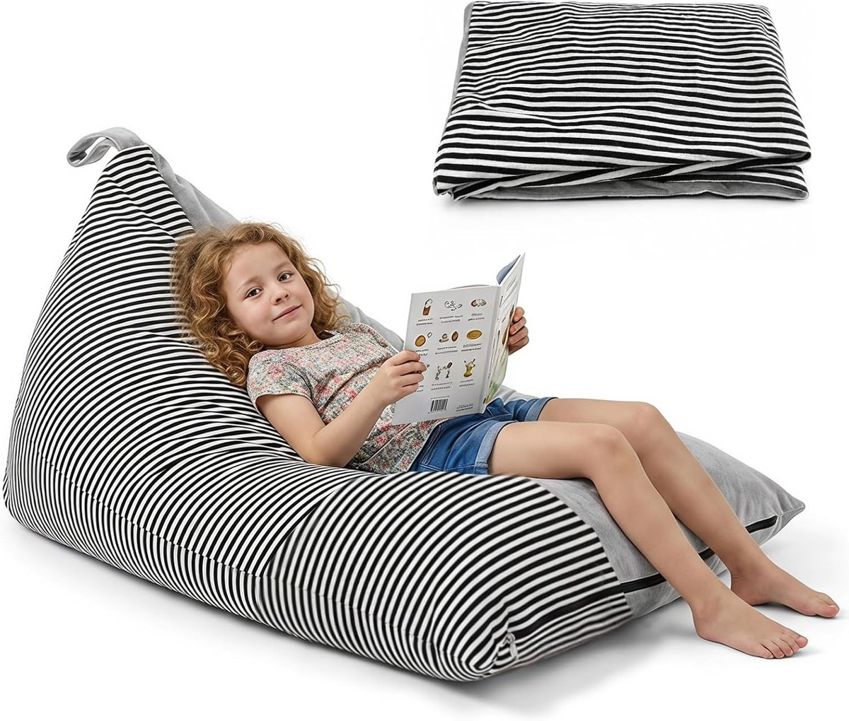 Driehoekige zitzakhoes voor kinderen en volwassenen, opvouwbaar, 200 liter, ideaal voor knuffeldieren, kinderbank en buitengebruik, 127 x 72 cm, grijs