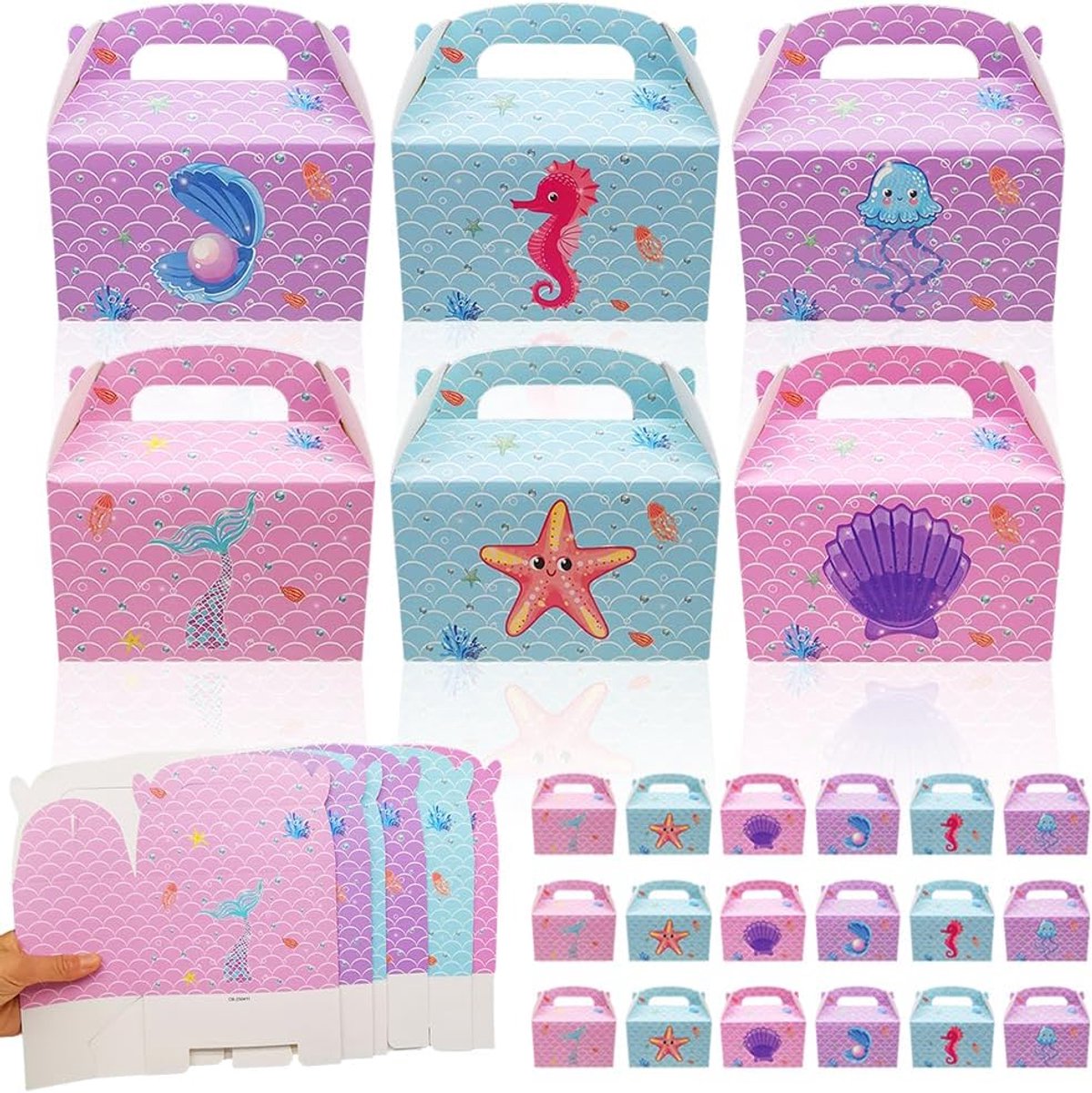 SnelShoppen - Zeemeermin Geschenkdozen 18 Stuks - Papieren Snoepdozen voor Zeemeerminfeesten - Lichtgewicht en Duurzaam - Cartoon Oceaan Ontwerp - Per