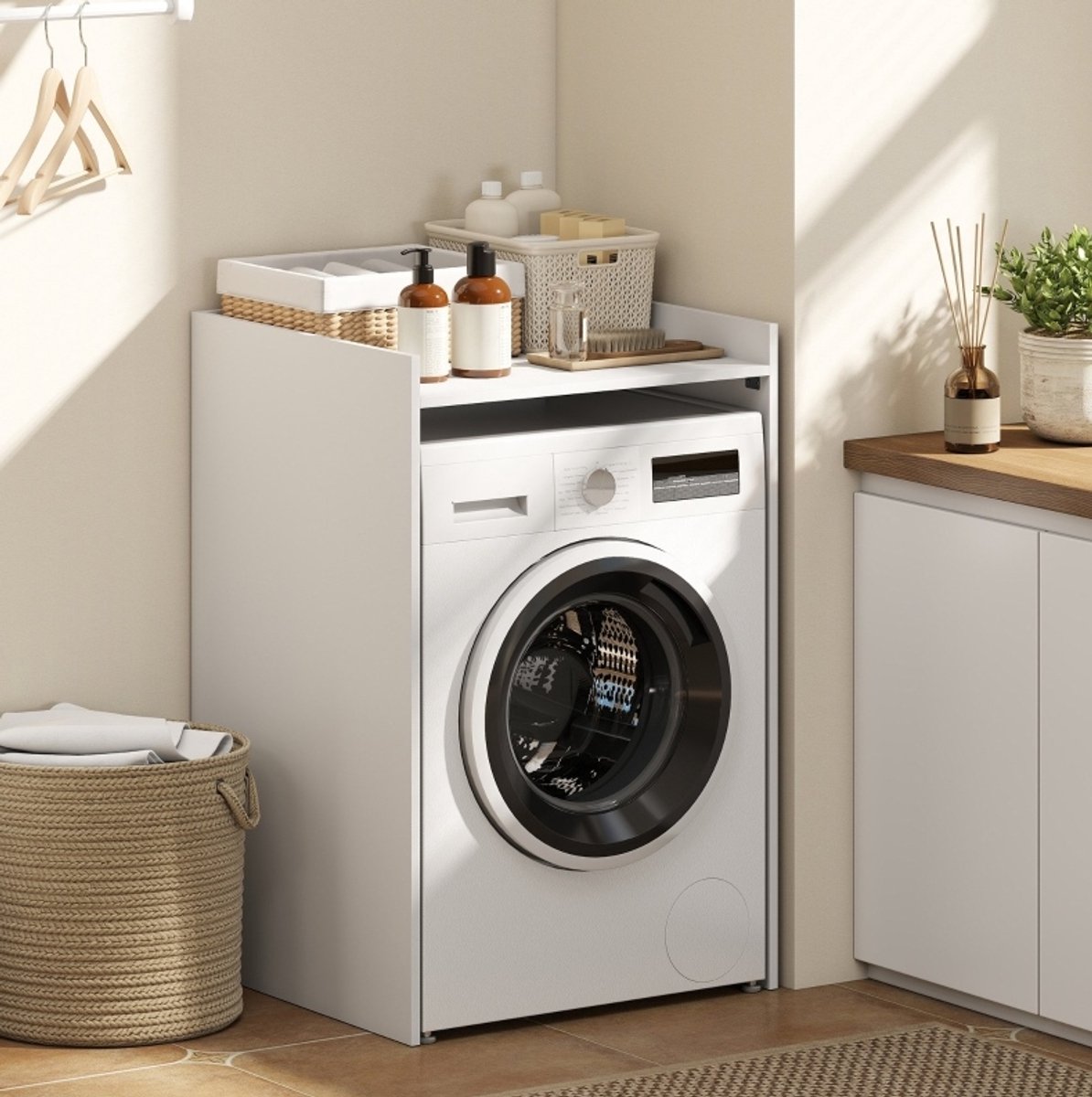 COVREO Wasmachinekast 64 x 60 x 97,5 cm - wit, open opbergruimte, voor kleine badkamers