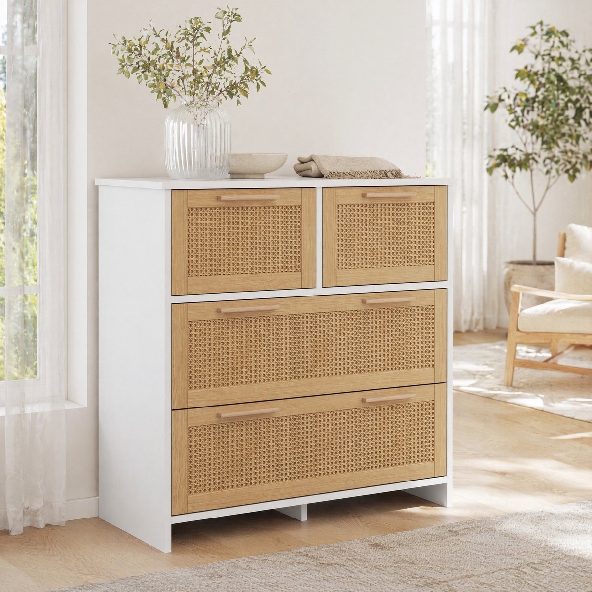 COVREO Dressoir 80 x 38 x 80 cm - 4 lades, MDF, rotan fronten, naturel en wit