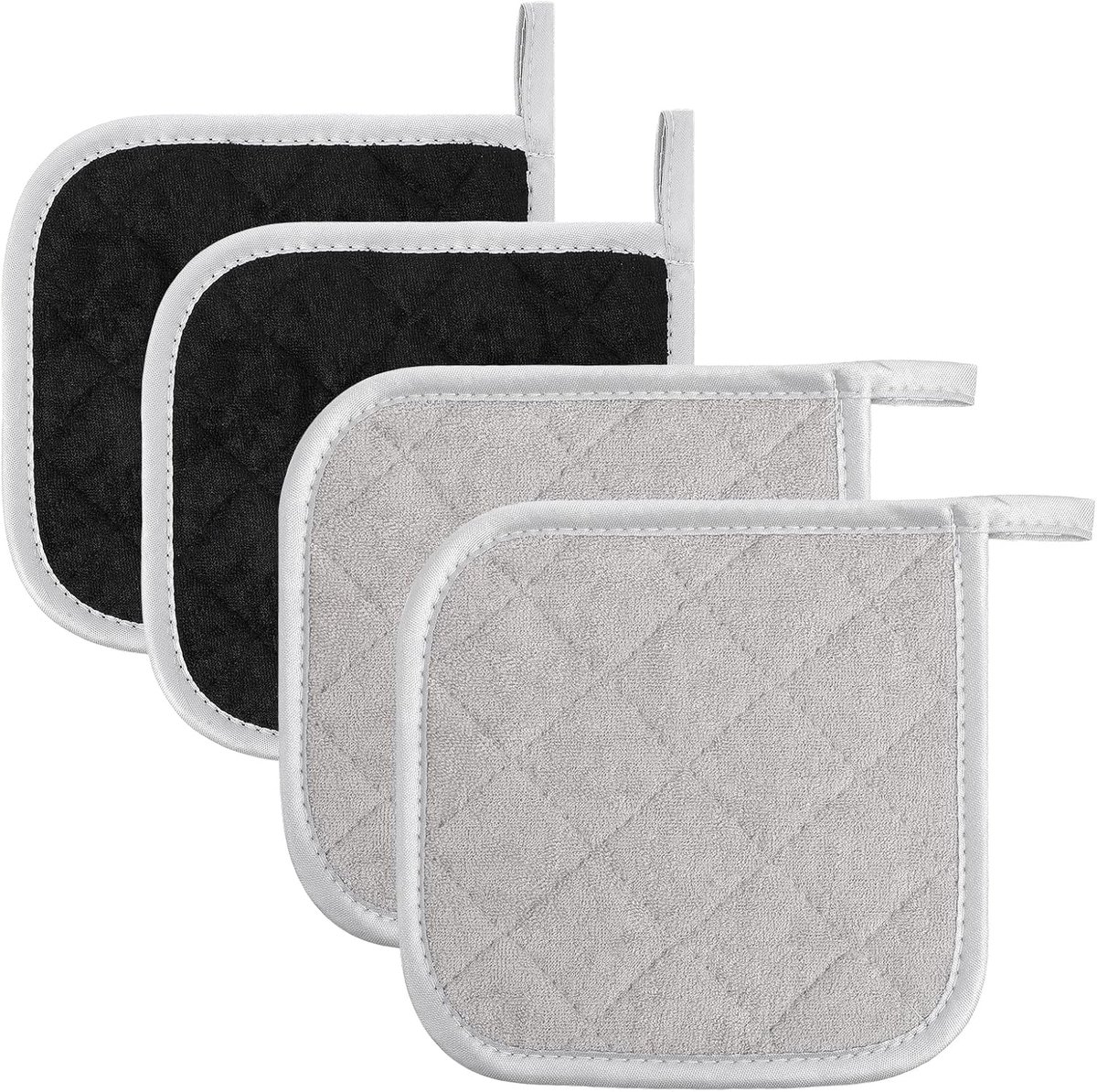SnelShoppen - Pannenhandschoenen Set 4 Stuks - Hittebestendige Keuken Pothouders - 17x17 cm - Grijs Zwart - Essentiële Keukenaccessoires voor Koken en