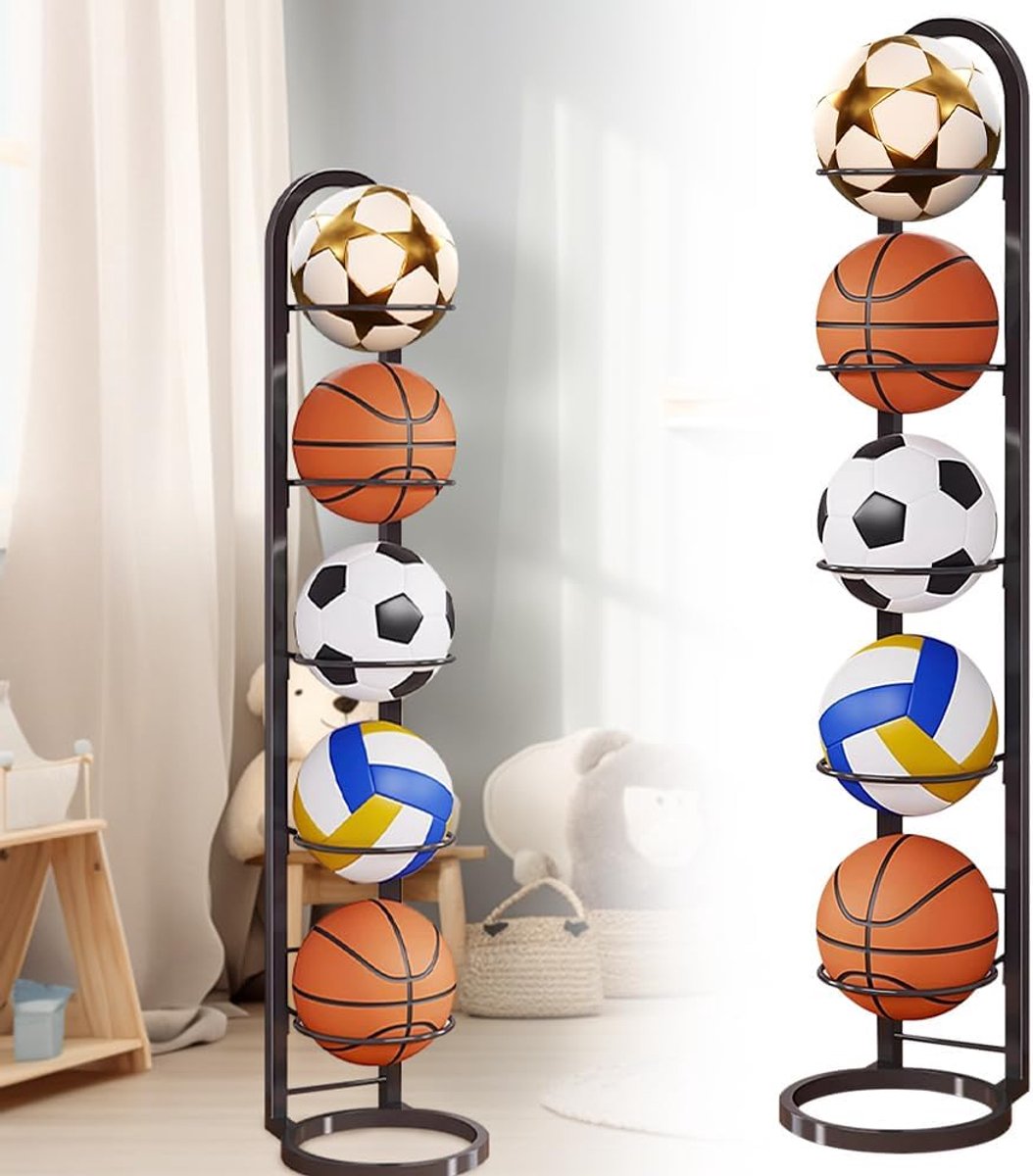 SnelShoppen - 5 Stage Ball Stand, Vertical Ball Rack, Voetbal Stand, Verwijderbare Staande Rack, Ballenopslag Rack, Basketbal Houder voor Voetbal, Bas