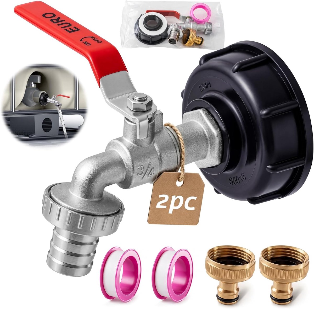 SnelShoppen - IBC tankaccessoires set - IBC tank afvoerkraan S60x6 - 1000 liter tankkraan voor regenton - 3/4 inch afvoerkraan - 2 stuks