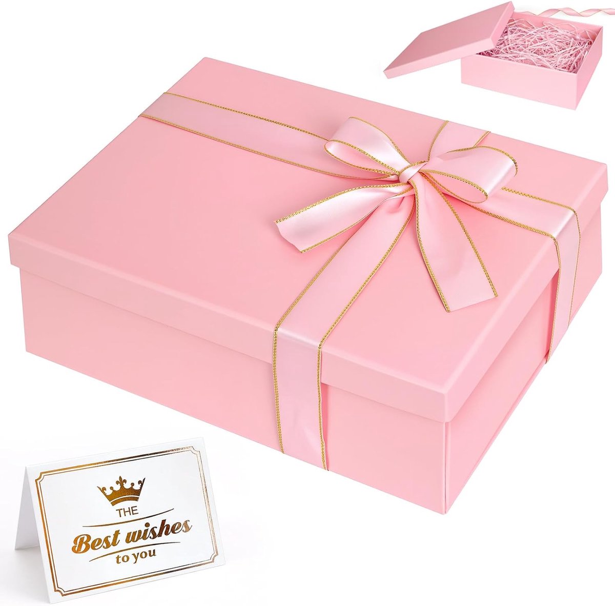 SnelShoppen - Elegante Cadeau Doos met Deksel 25 x 18 x 8.5 cm, Vouwbare Verpakkingen met Wenskaart, Raffia Strik voor Verjaardag, Bruiloft, Jubileum,