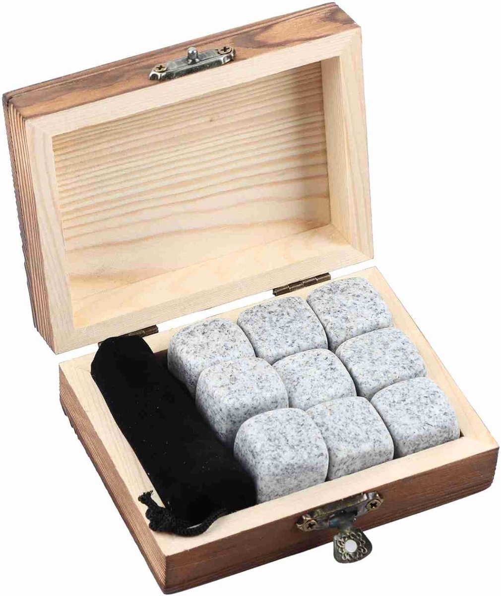 SnelShoppen - Whisky Steentjes Set - 9 Herbruikbare Granieten Koelstenen met Houten Doos - Ideaal voor Whisky, Cocktails, Feest en Keuken - Wit