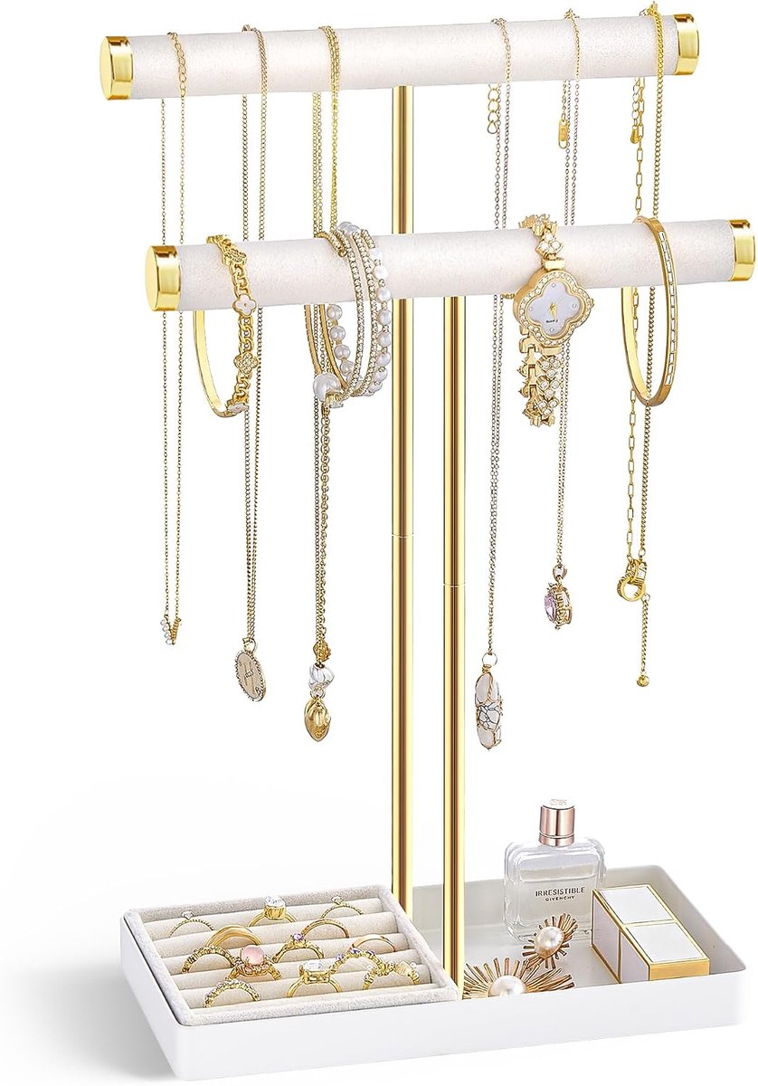 SnelShoppen - 2-Tier Necklace Holder Display, Velvet Wrapped Jewelry Organizer met Verwijderbare Ring Tray, Bracelet Stand Rack voor Armbanden en Horl