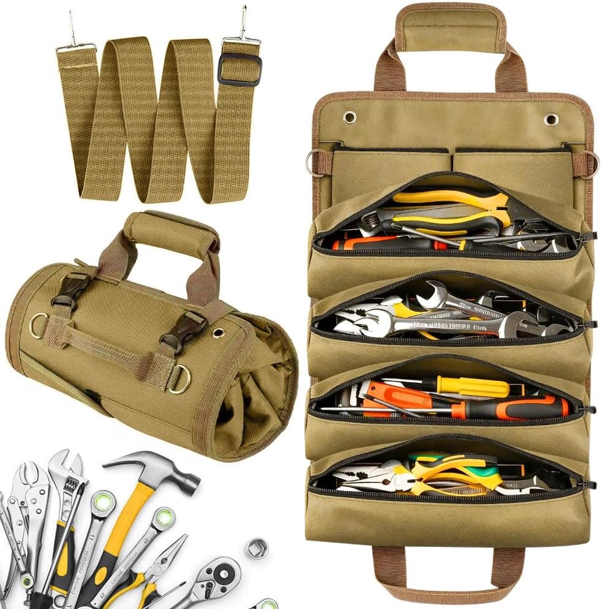 SnelShoppen - Multifunctionele CEWROM Tool Roller Bag - Canvas Gereedschapskoffer met 6 Compartimenten en Rits - Ideaal voor Loodgieters, Klussers en