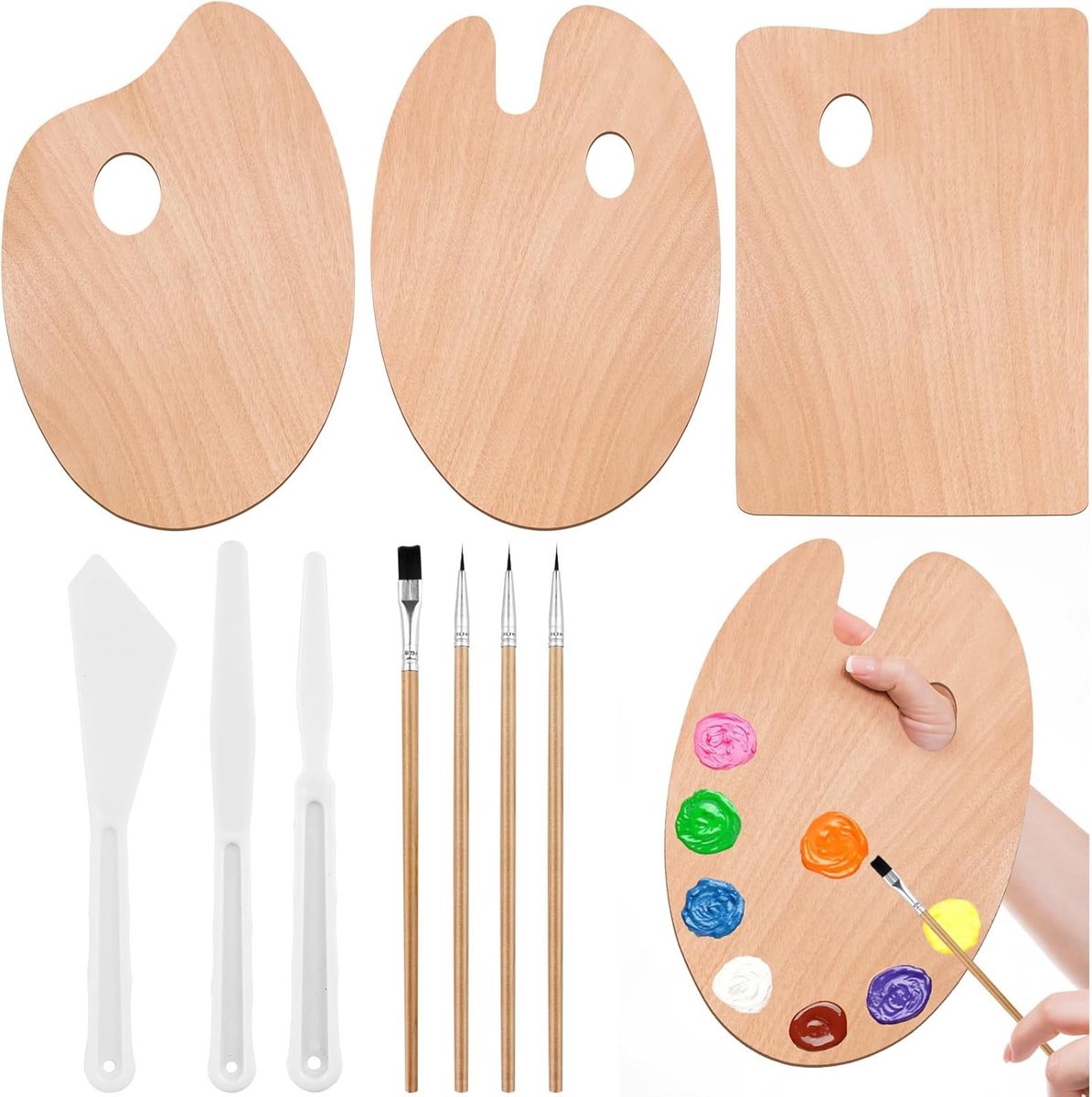 SnelShoppen - 10 Houten Paletten voor Schilderen, 3 Vormen, 30x20 cm, Schildermes en Mengpalet voor DIY Kunst en Ambachten, Waterverf, Compact