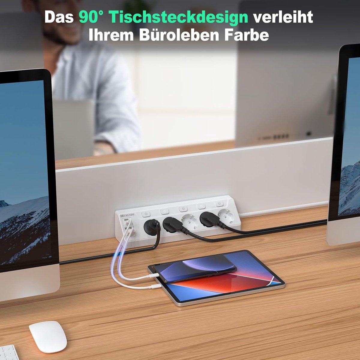 SnelShoppen - 9-Way Hoekstopcontact 5 Schuko + 4 USB (2C+2A), Enkele Schakelaar, Overspanningsbeveiliging, 90° Hoek, 2 m Kabel, Wit