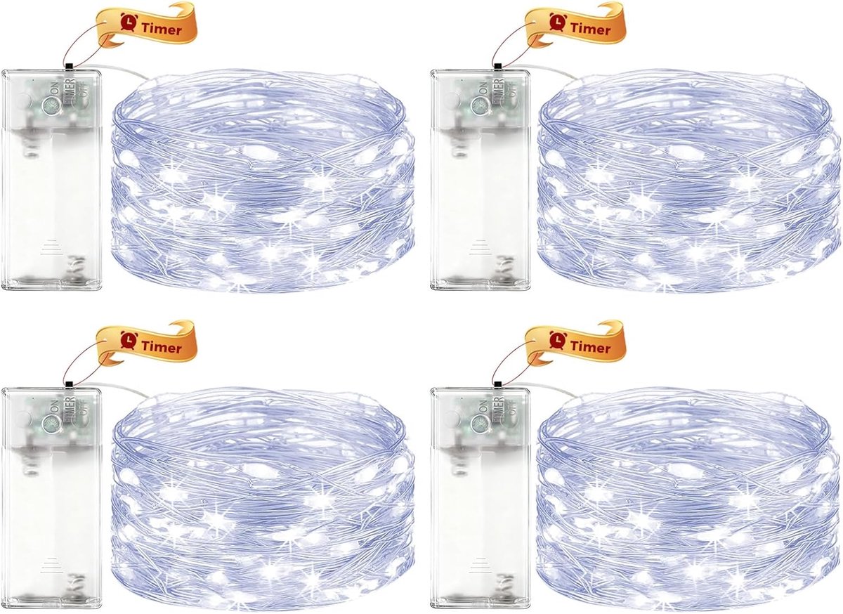 SnelShoppen - LED Sfeerverlichting Fairy Lights met Timer - 4x 3m Micro Copper Wire Lichten met 30 LED - Koud Witte Batterij Aangedreven Lichtjes voor