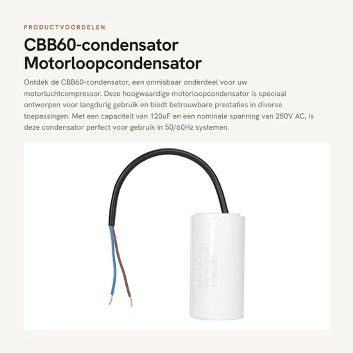 CBB60-condensator - Motorloopcondensator 120uF - Betrouwbare isolatie - Wit - AC-condensator 250V - Geschikt voor luchtcompressor - 50/60Hz