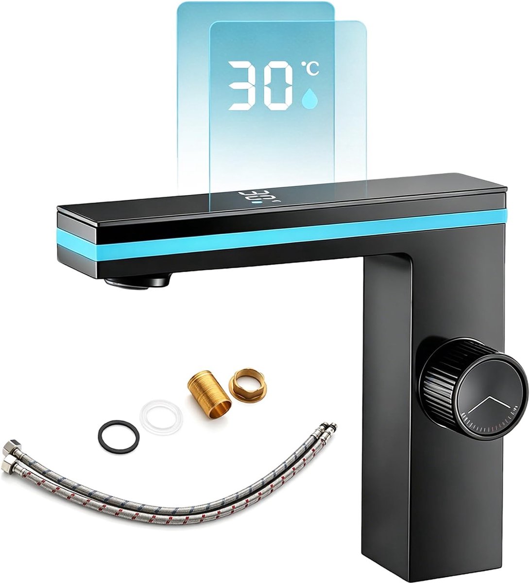 SnelShoppen - Smart LED Badkamerkraan, Eengreepsmengkraan Met Temperatuur-LED-Display, Messing Wastafel Kraan, Filter Inclusief, Zwart, Modern Design,