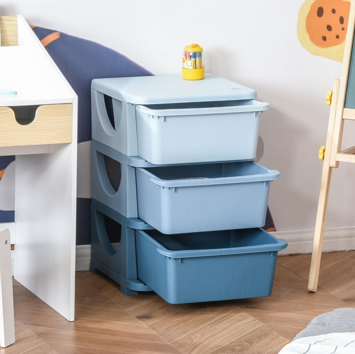 COVREO Kinder opbergkast 37 x 37 x 56,5 cm blauw kunststof met 3 lades en afgeronde hoeken