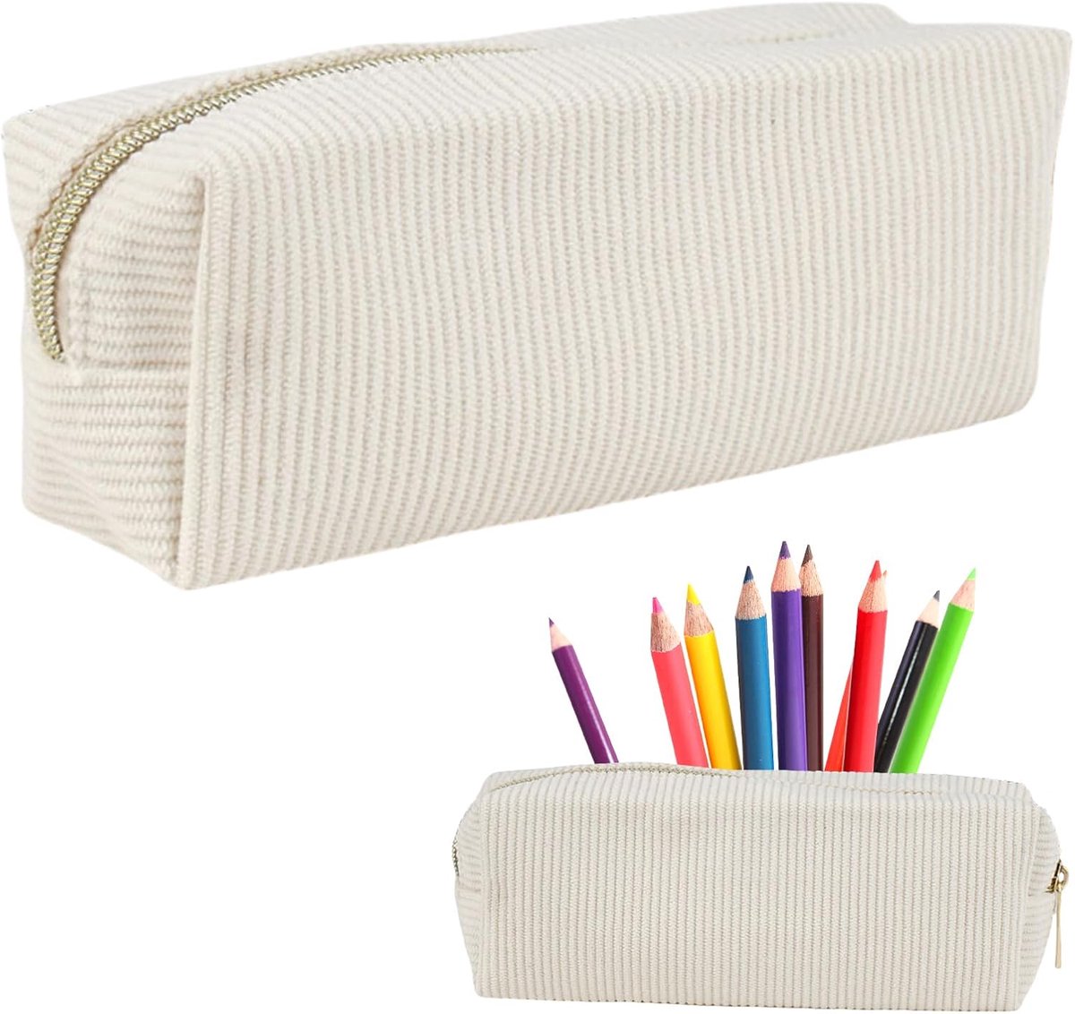 SnelShoppen - Aesthetic Pennenbakje voor Meisjes en Volwassenen - Corduroy Etui met Bloemen in Crème, Groen, Roze en Abrikoos - Ideaal voor School, We