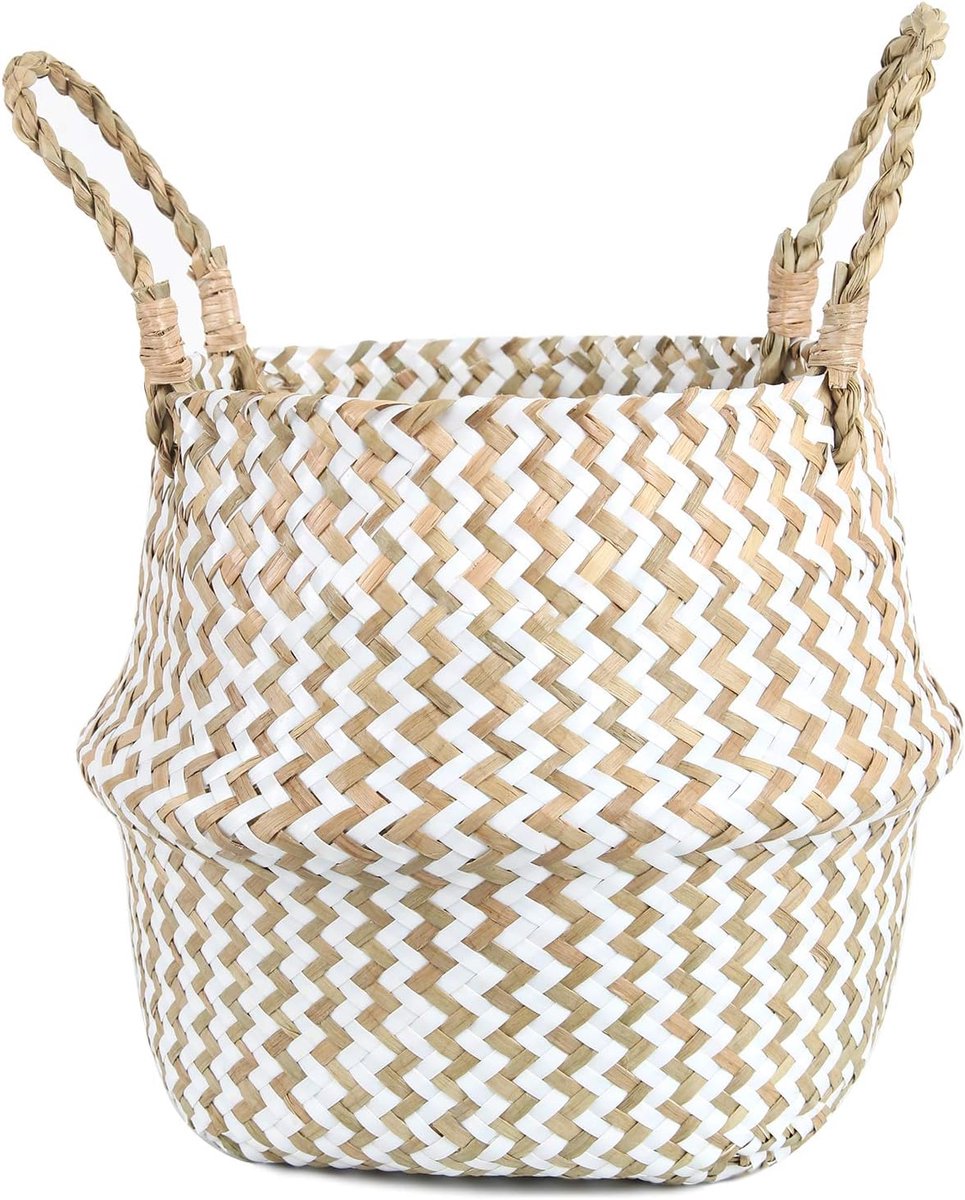 SnelShoppen - Feilanduo Wasmand - Wicker Gevlochten Bovenmanden - Handgeweven Zeegras - Vouwbaar met Plantenpot Deksel en Handvat - Wit - Groot - Deco