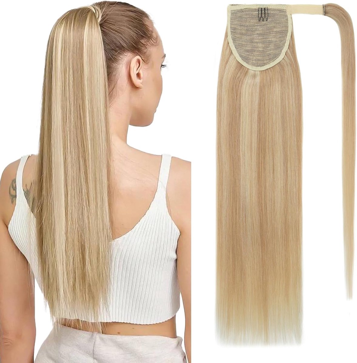 SnelShoppen - Ponytail Extension 100% Menselijk Haar, Lange Rechte Wrap Around Extension, Blond en Lichtblond Highlights, 35cm 80g #18P613 voor Feest