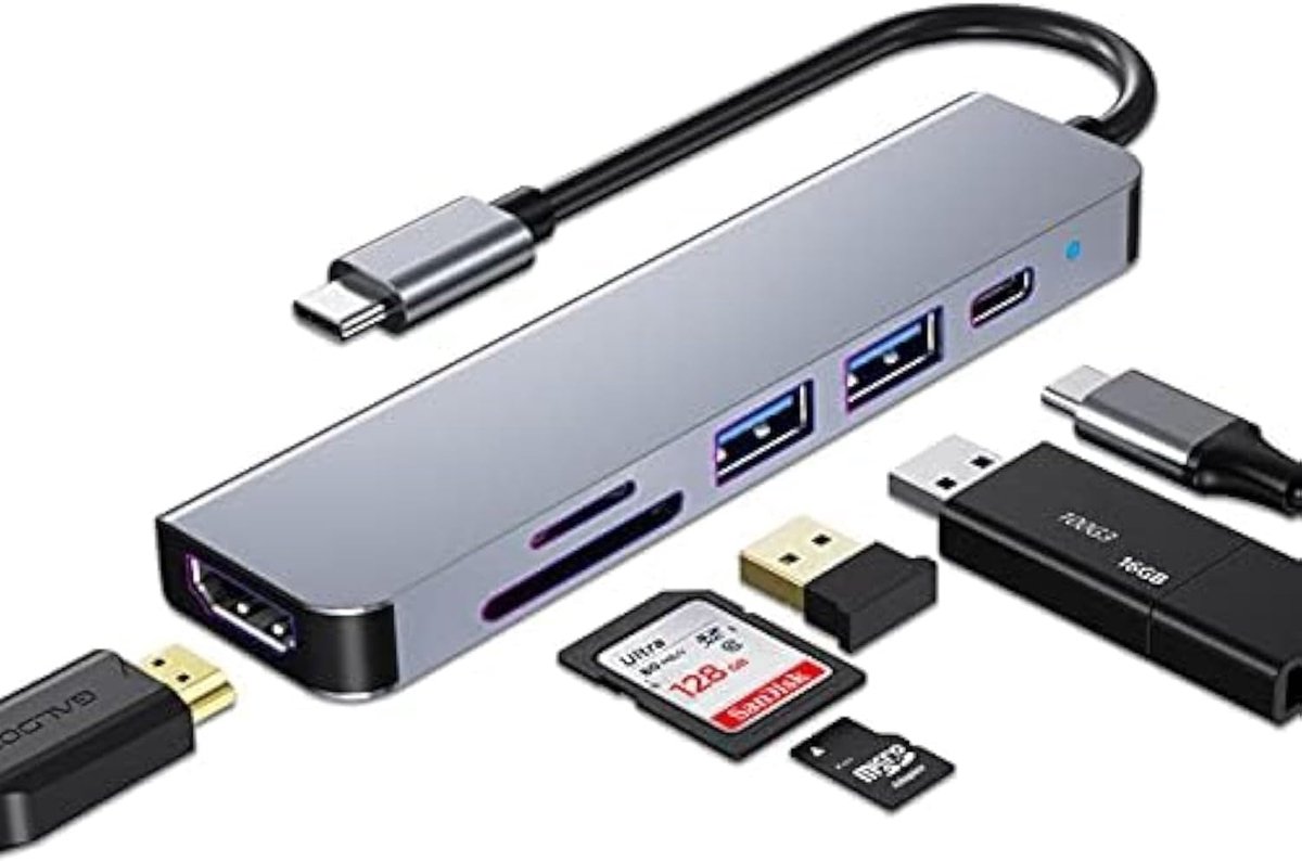 SnelShoppen - USB C HUB 6-in-1 Dongle Adapter voor MacBook Pro & Air - 4K HDMI, USB 3.0, SD/TF Kaartlezer, 100W PD, Compact en Multifunctioneel