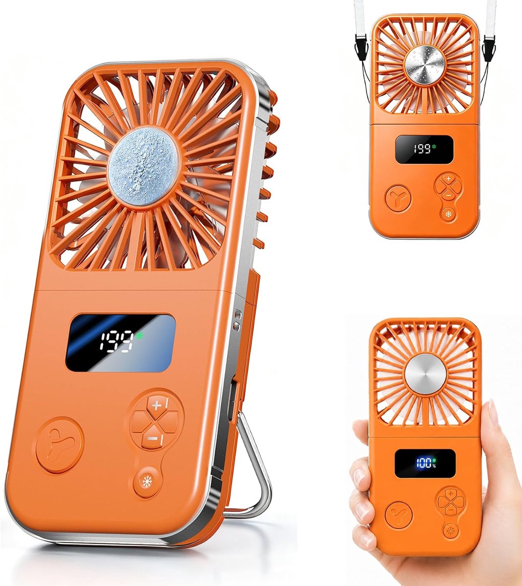 Oplaadbare handventilator – Draagbare miniventilator – Met koelplaat – 199 snelheidsstanden – Opvouwbaar ontwerp – Persoonlijke bureauventilator – Met digitaal display & draagkoord – Geschikt voor reizen, buiten, kantoor en kamperen – Oranje