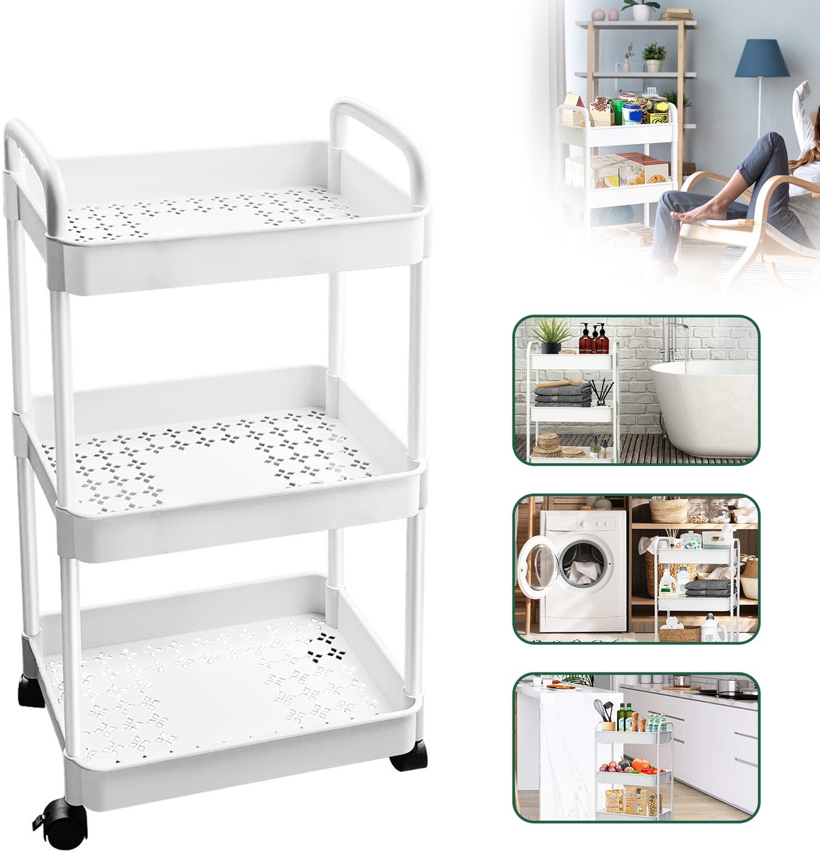Keukentrolley op wielen - serveerwagen met drie etages - opbergtrolley - keukenplank - trolley voor keuken, badkamer en kantoor - multifunctioneel - verrijdbaar - 37,5 cm * 24 cm * 72 cm - wit