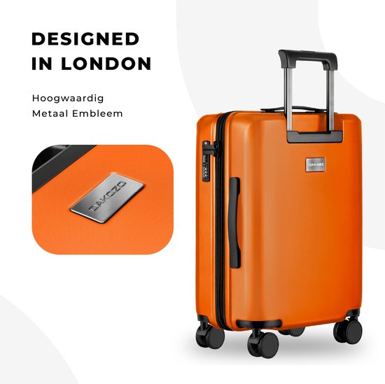 Oranje handbagage koffer met 'DAKOZO' metalen logo. Ontworpen in Londen.