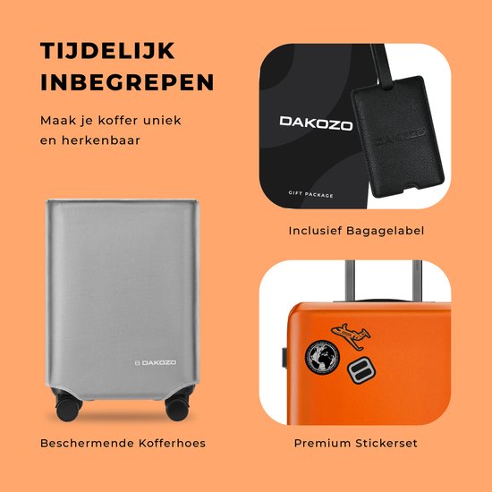 Oranje DAKOZO koffer met beschermhoes, bagagelabel en sticker set.