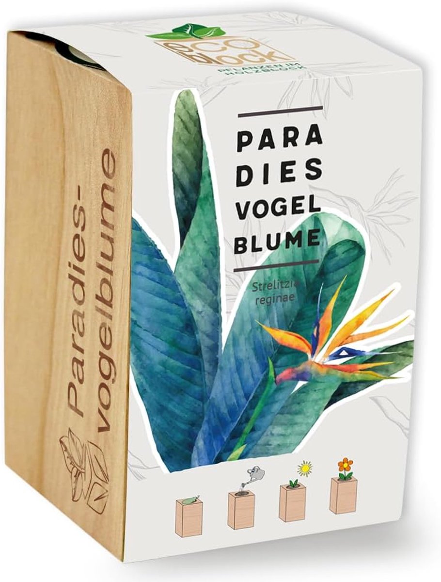 SnelShoppen - Feel Green Ecoblock Paradijsvogel Bloem Groeiset, Duurzaam Geschenk, 100% Eco-Vriendelijk, Houten Blok, Planten in Composteerbare Pot