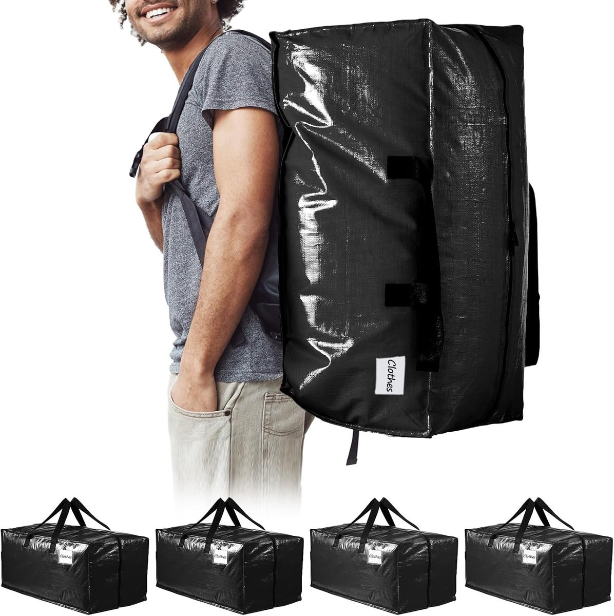SnelShoppen - Extra Grote TAILI Verhuiszakken - Duurzame Kledingopbergzakken met Sterke Rits en Handvaten - Zwarte Opbergdozen voor Verhuizing, Kamper
