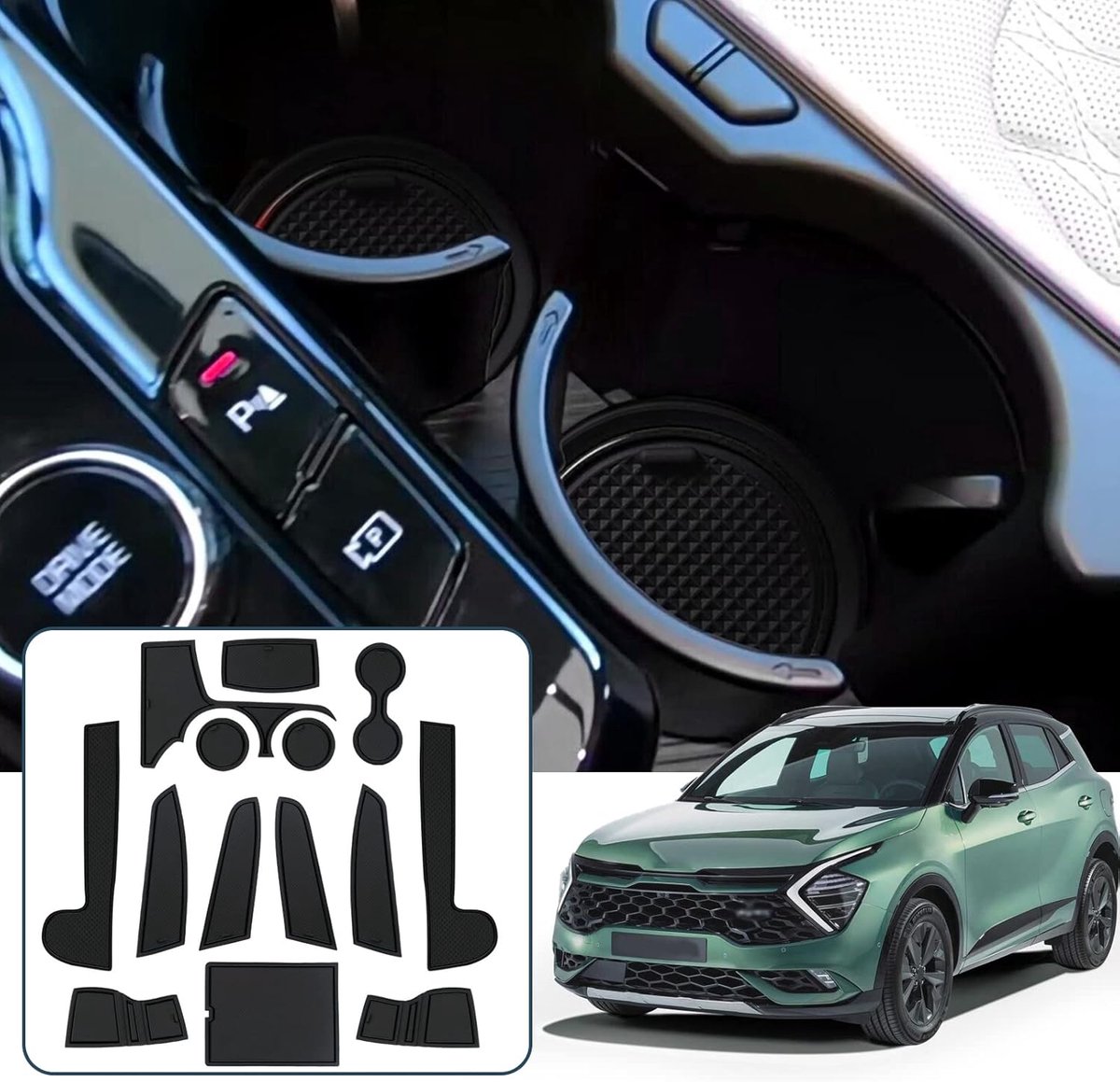 SnelShoppen - Rubber Mats voor Kia Sportage NQ5 (Automatische Versnellingsbak) - Antislip Matten voor Deursleuven, Armsteun, Bekerhouder en Middencons