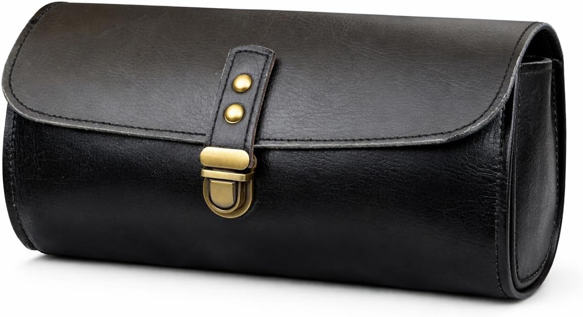 SnelShoppen - Vintage Motorfiets Tas van Echt Geitenleer - Bruine Tool Bag met 2 Leren Buckle Straps en Snelsluiting voor Handvat en Vork - Perfecte F