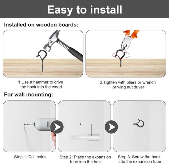 SnelShoppen - 25 Pcs Screw Hooks - Robuuste M4 Ceiling Hooks - RVS Hanghaken voor Hammocks, Plant Baskets, String Lights - Zwart, Duurzaam en Roestvri — afbeelding 3