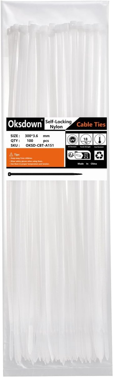 SnelShoppen - 100 Stuks Witte Plastic Kabelbinders 300mm x 3.6mm Sterke Nylon Zelfsluitend 12 Inch Lange Kabelbinders voor Tuin, Kantoor, DIY en Evene