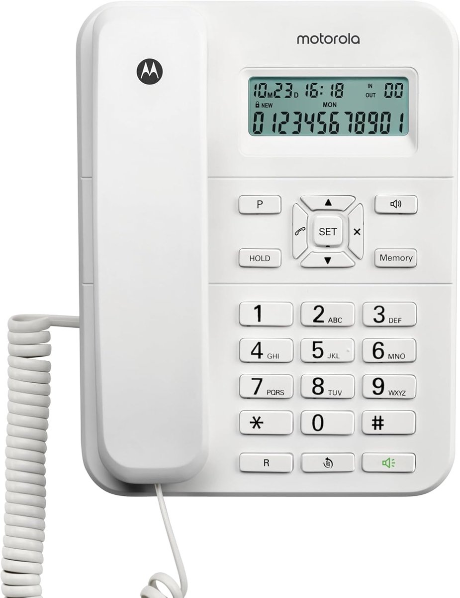 SnelShoppen - Landline telefoon met handsfree, 10 geheugentoetsen, muziek in wacht, en nummerherkenning - Wit - Ideaal voor thuis en kantoor