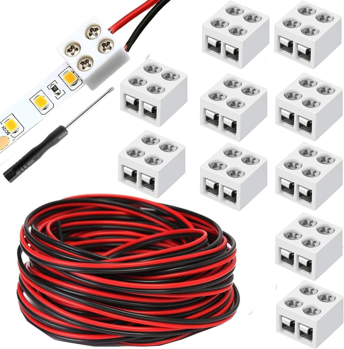 SnelShoppen - Pack van 10 LED Strip Connectors 2-Pin 10 mm met 10 m 22 AWG Kabel en Schroevendraaier - Voor 5-24 V LED Strip Verlichting, Gemakkelijk