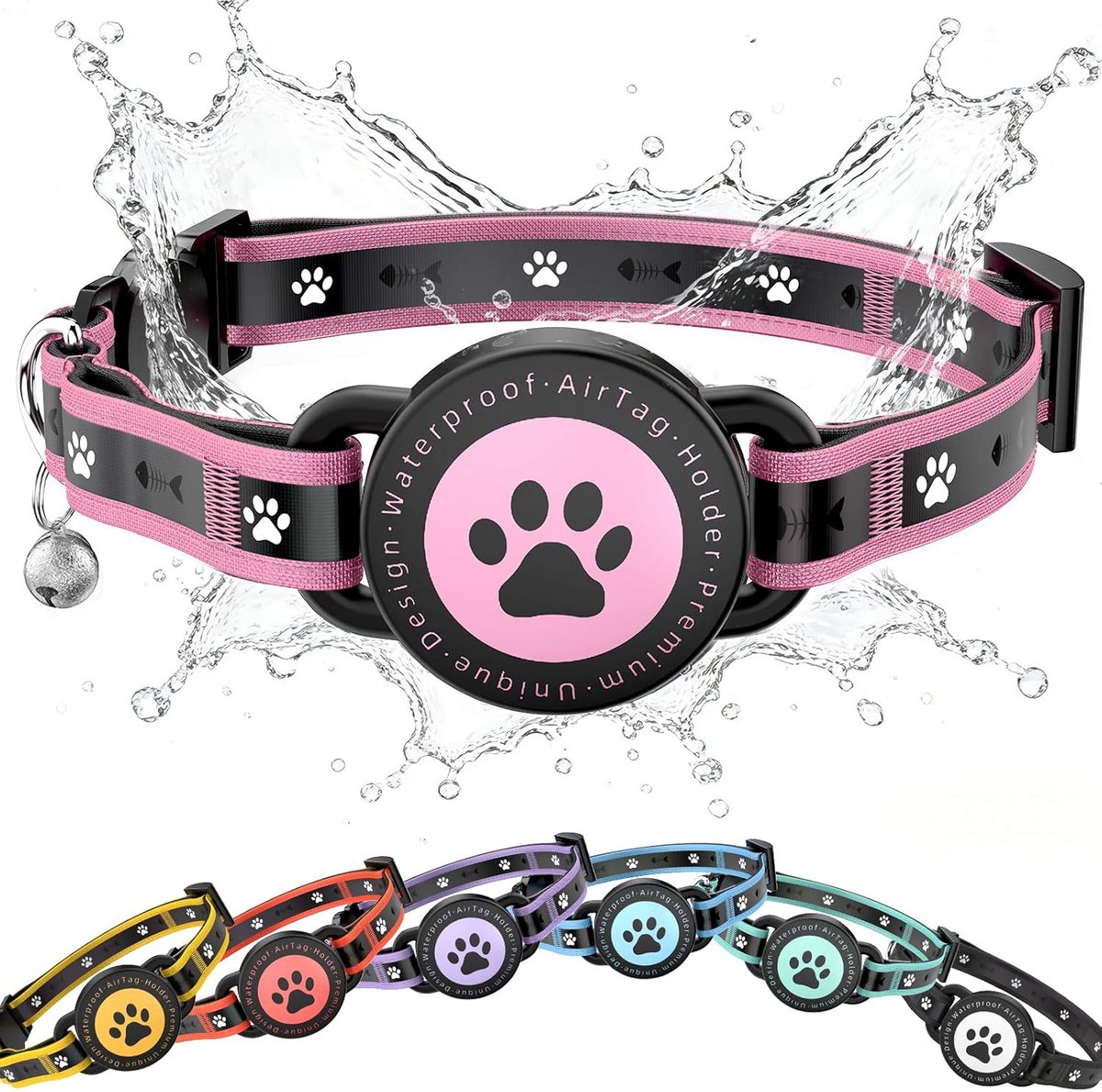 SnelShoppen - Reflecterende Kattenhalsband voor AirTag met Veiligheidsclasp, Padded, Verstelbaar en Waterproof, Roze 8"-10.5"