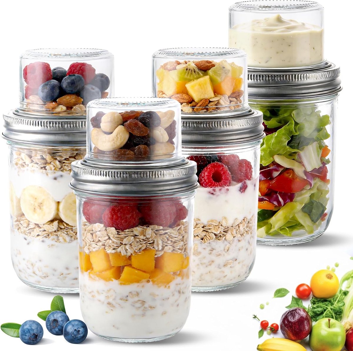 SnelShoppen - 4 Mueslibekers To Go 500 ml + 100 ml - Dubbellaags Yoghurtbeker met Scheiding - Ideaal voor Muesli, Salade, Fruit, Soep - Meal Prep Glaz