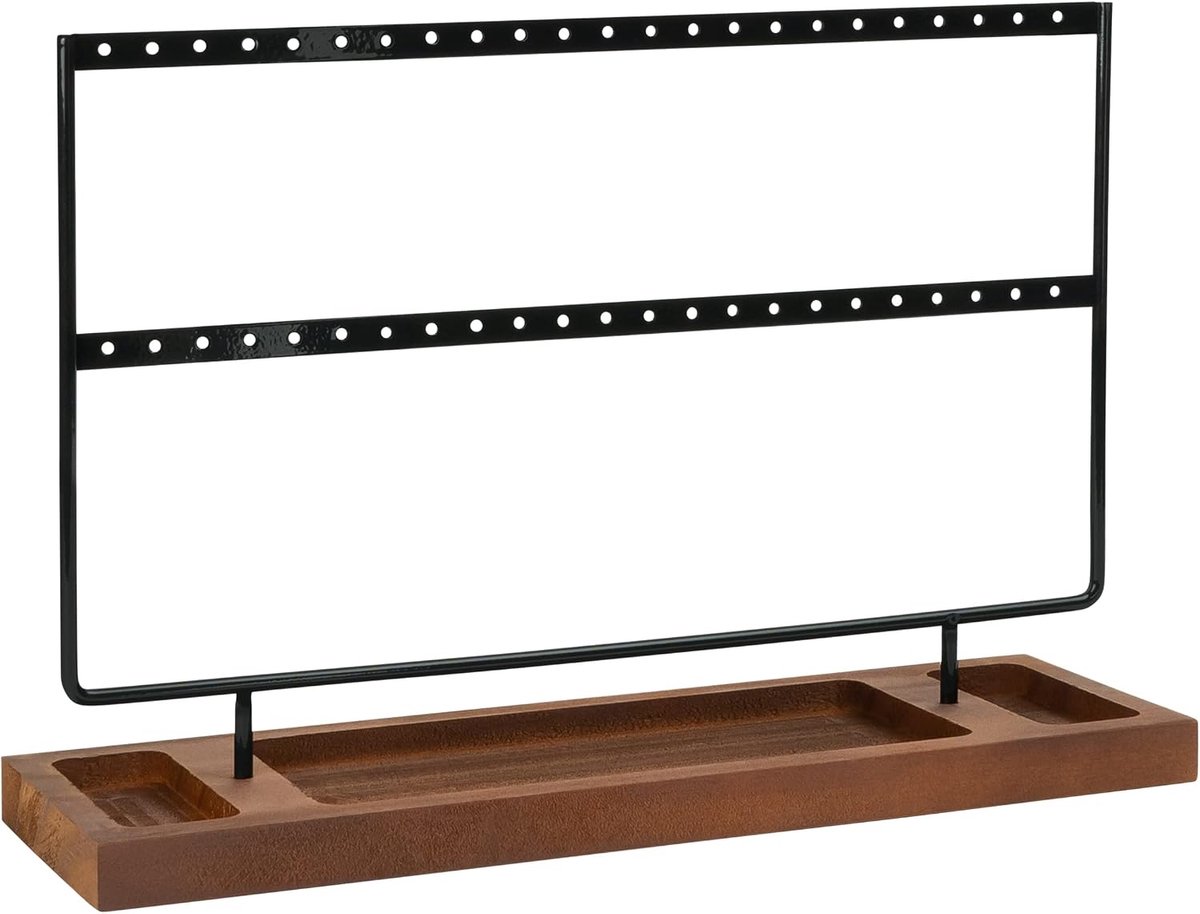 SnelShoppen - Earring Rack voor 13 Paar Oorbellen - Oorbellenhouder - Sieraad Display - Houten en Metalen Earring Stand - Donkerbruin en Zwart - 9 x 3