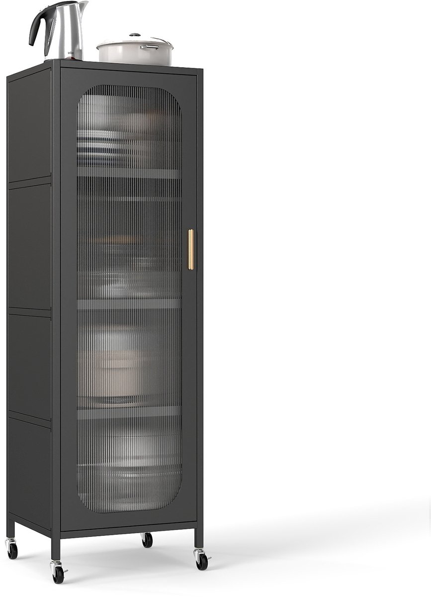 COSTWAY 5-laagse smalle keukenkast op wielen, universele kast met verstelbare planken en semi-transparante deuren, metalen kast voor documenten voor eetkamer, badkamer en woonkamer (zwart)