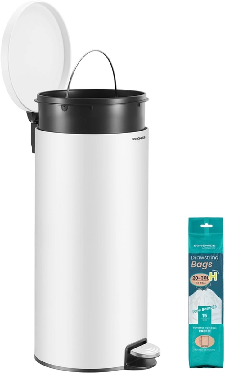 Ronde afvalbak van 30 liter met pedaal - Uitneembare binnenemmer - Wolkwit - 29,5 x 37,1 x 63 cm - Wolkenwit