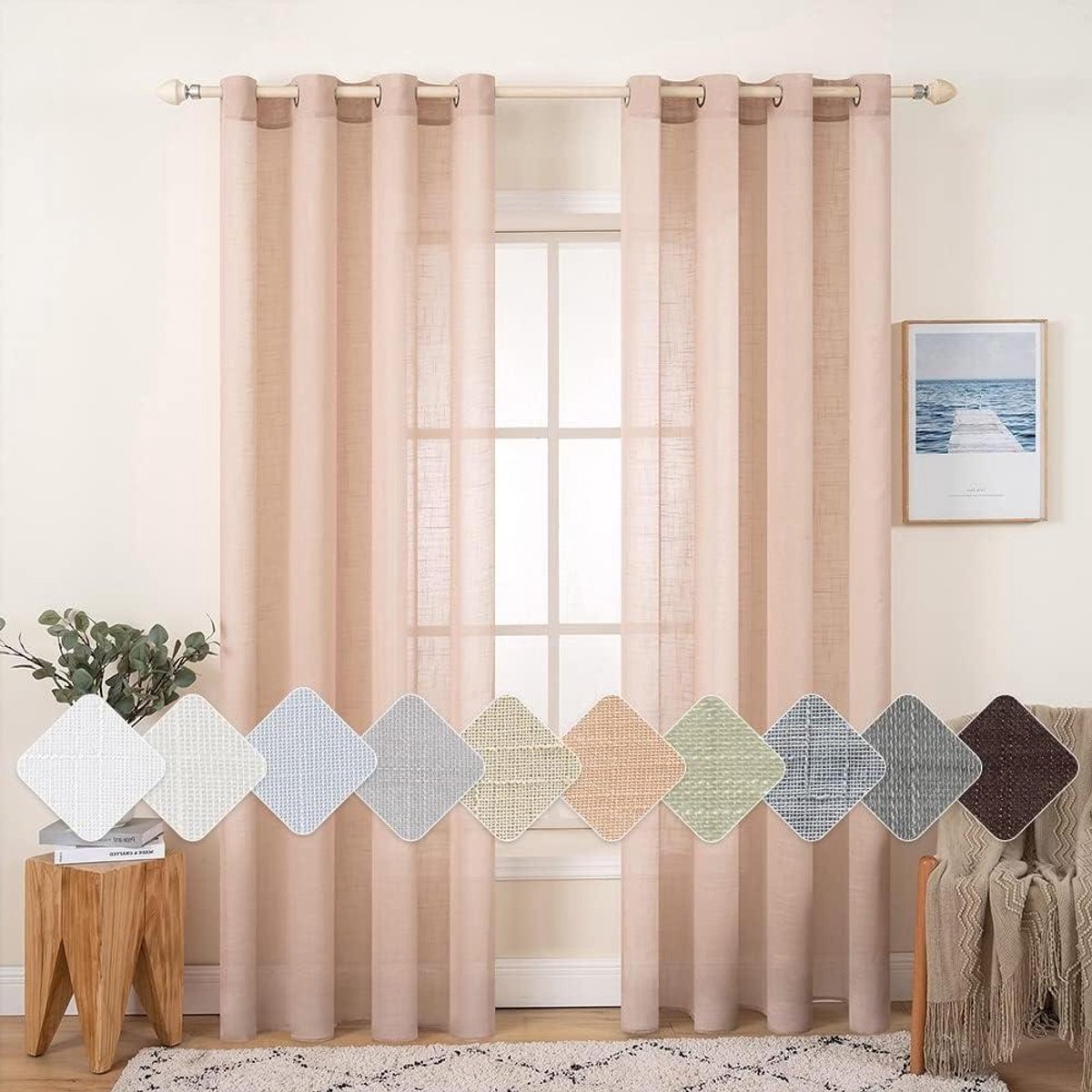 Transparante Gordijnen - Decoratieve Panelen - Woonkamer Decoratie - Imitatielinnen Stof - 140 x 185 cm - Lichtbruin